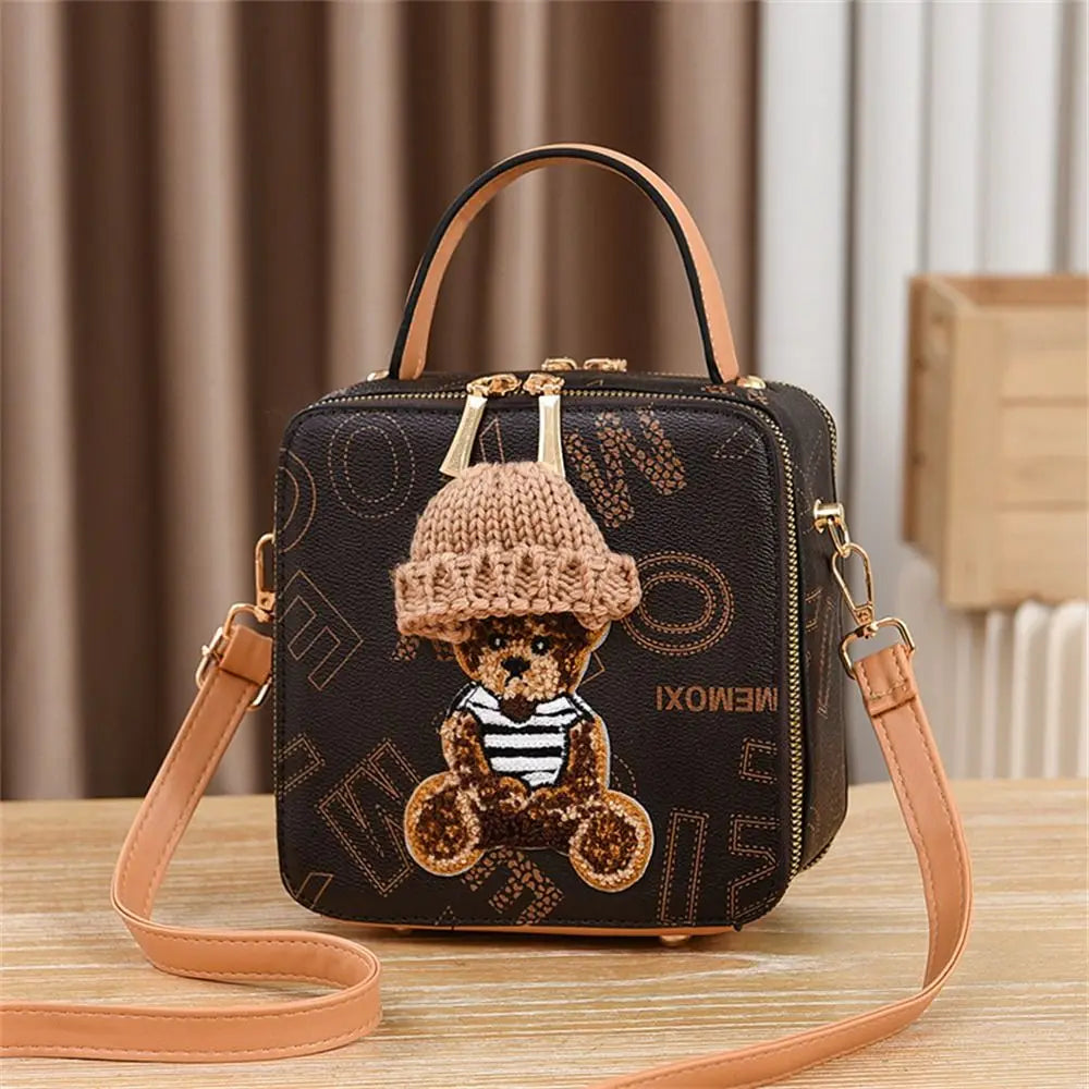 PU Leather Shoulder Bags | Fashion Simple Cute Cartoon Bear Crossbody Bag & Messenger Bag (Women's Small Square Handbags)