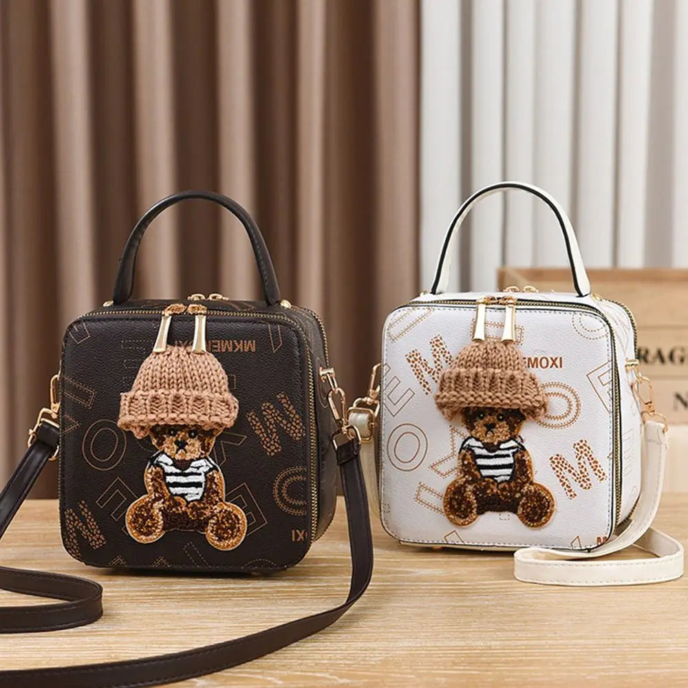 PU Leather Shoulder Bags | Fashion Simple Cute Cartoon Bear Crossbody Bag & Messenger Bag (Women's Small Square Handbags)