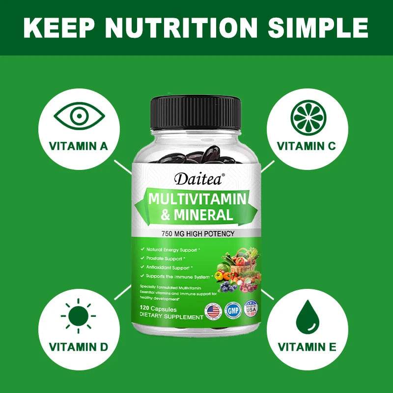 Multivitamin Capsules with Mineral Supplement To Provide Energy, Prostate, Skin and Eye Health Immune Support for Women and Men