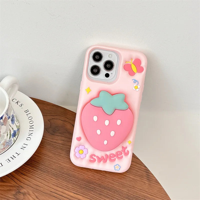 3D Cute Cartoon Strawberry Telescopic Bracket Silicone Phone Case For iPhone