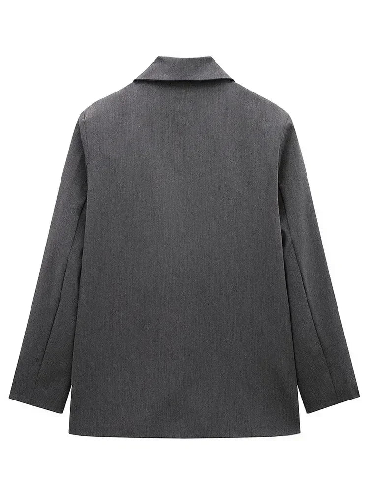 Willshela Women Fashion With Pockets Solid Double Breasted Blazer Vintage Long Sleeves Notched Neck Female Office Lady Outfits