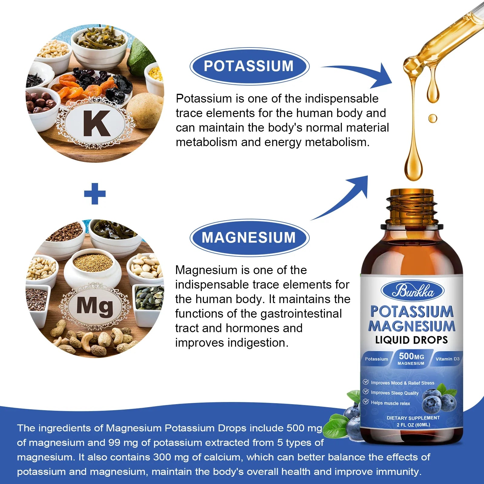 Potassium Magnesium Supplement Liquid - High Absorption Calm Magnesium Complex 500mg & Potassium 99mg,Calcium, Vitamin D3, Zinc