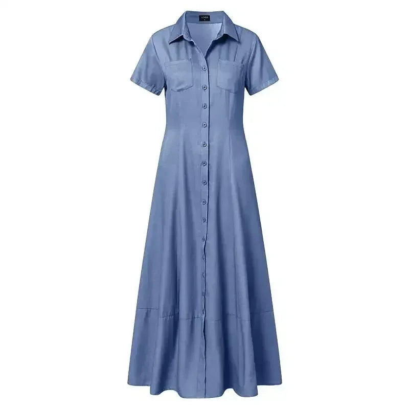 2024 Women New Lapel Pocket Splicing Casual Short Sleeved Solid Color Large Swing Denim Dress Loose Single Breasted Shirt Dress