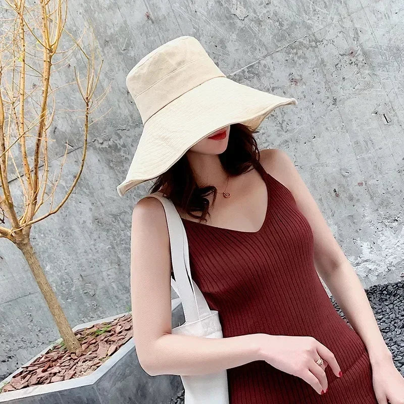 Japanese Sunshade Female Spring and Summer Sunscreen Free To Fold Big Brim Sun Hat Fisherman Hat Cover Face Oversized Hair