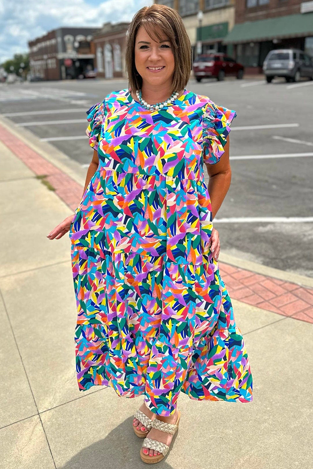 Blue Abstract Print Ruffle Sleeve Plus Size Tiered Maxi Dress