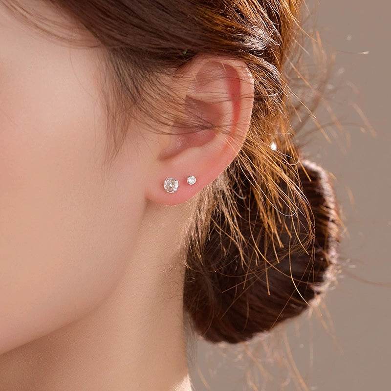 S999 Dazzling Minimalist CZ Stud Earrings, 2-8MM Cubic Zirconia Hypoallergenic Pure Sterling Silver Tiny Earrings for Sensitive Ears Daily