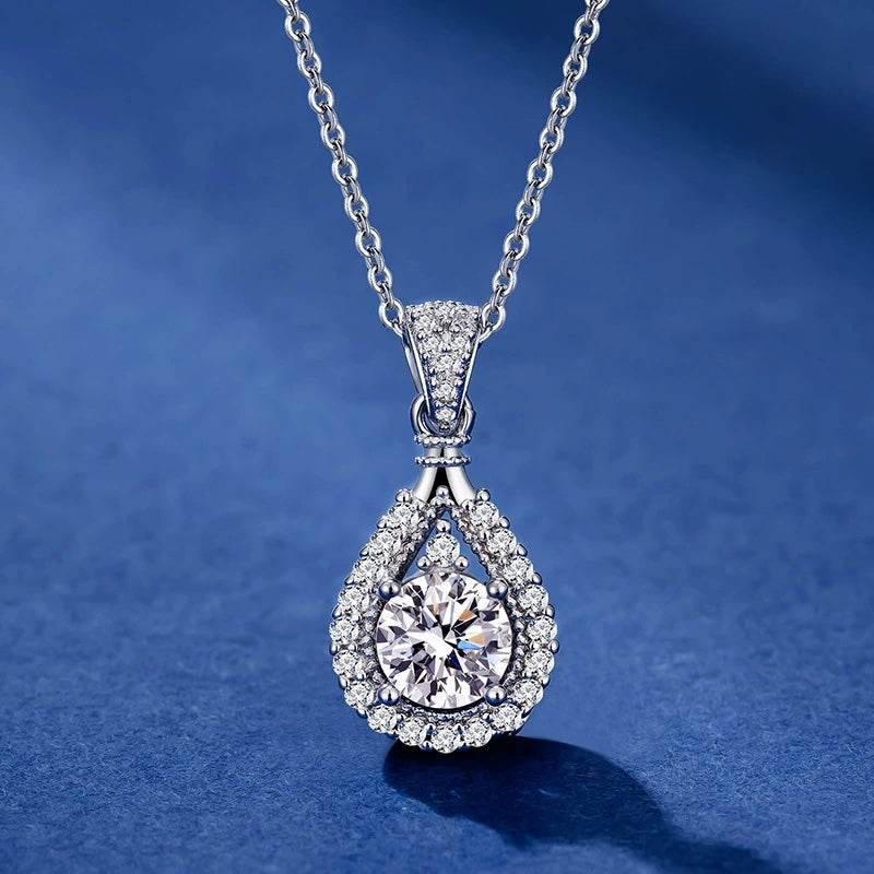 S925 Moissanite Teardrop Halo Pendant Necklace with Pavé Top Frame, 1-5ct VVS1 D-Grade Certified, Sterling Silver Pear Shape Pendant for Her