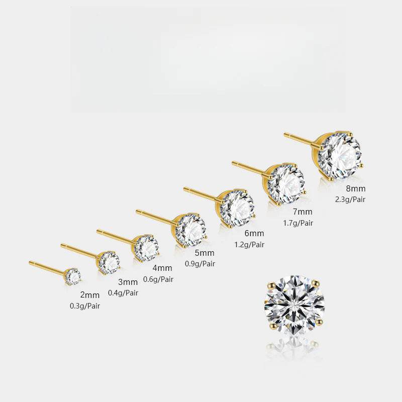 S925 Dazzling Classic 4-Prong CZ Stud Earrings, 2-8mm Round Cubic Zirconia Sterling Silver Earrings, 4 Color Options, Unisex Men Women Daily