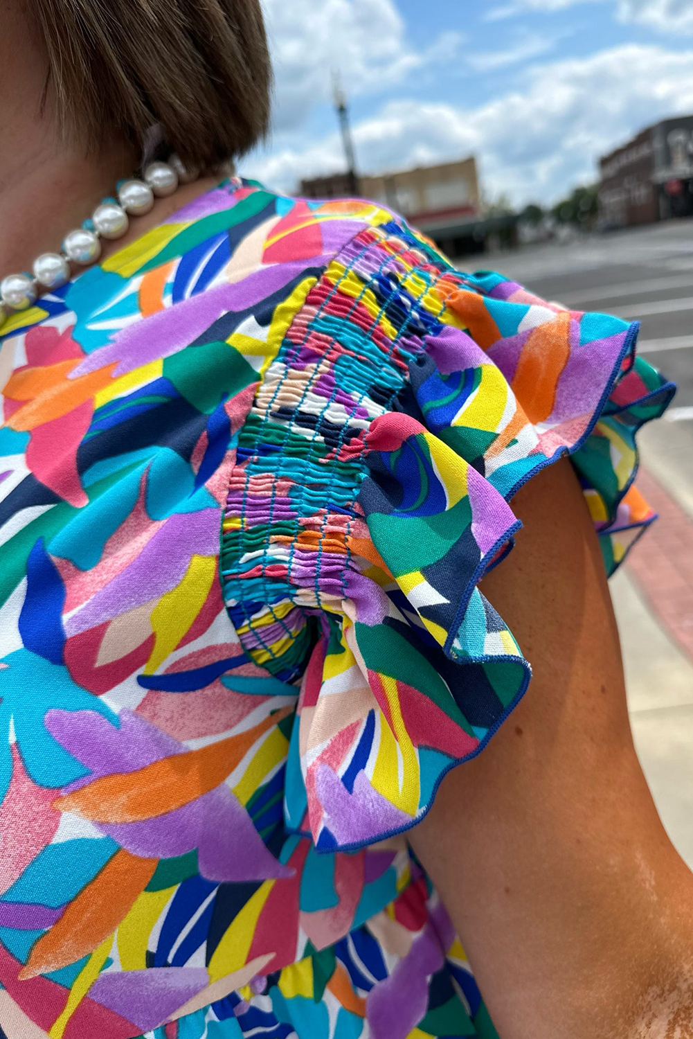 Blue Abstract Print Ruffle Sleeve Plus Size Tiered Maxi Dress