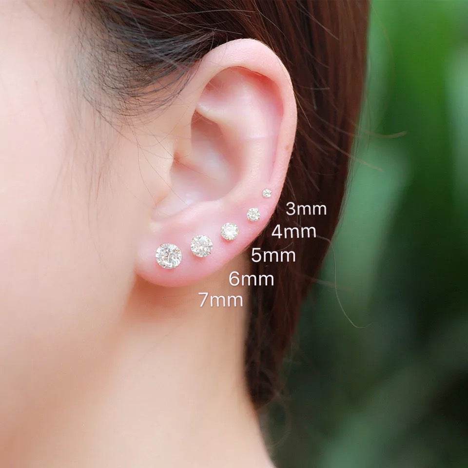 S999 Dazzling Minimalist CZ Stud Earrings, 2-8MM Cubic Zirconia Hypoallergenic Pure Sterling Silver Tiny Earrings for Sensitive Ears Daily