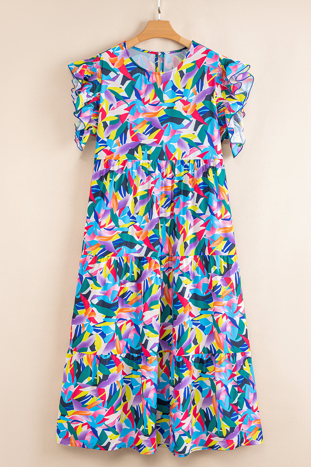 Blue Abstract Print Ruffle Sleeve Plus Size Tiered Maxi Dress
