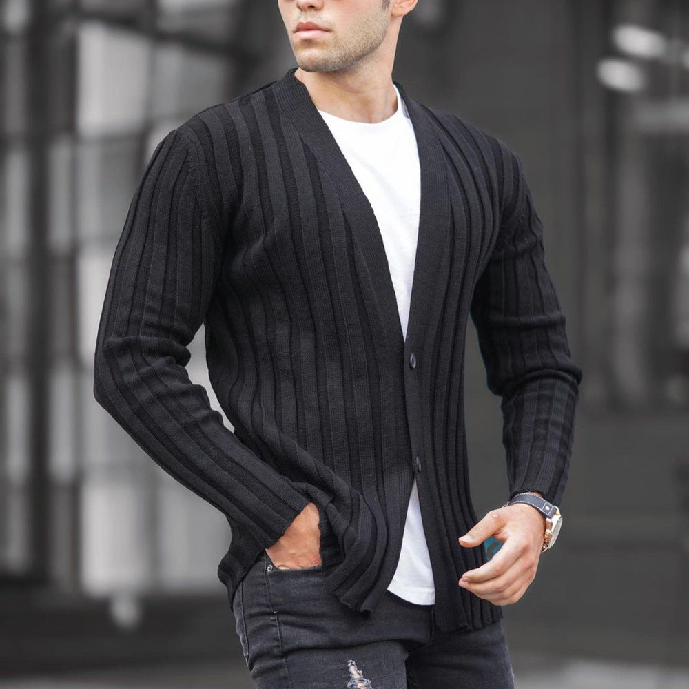 European And American Men's Solid Color Cardigan Pit Strip Casual Slim Sweater Knit Sweater