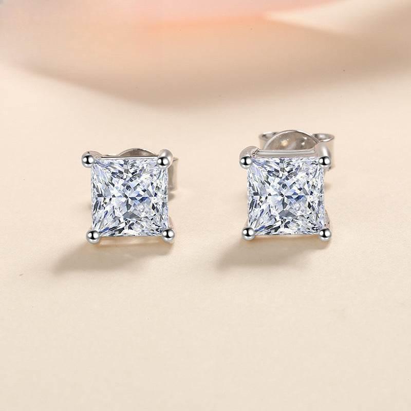S925 Square Princess Cut CZ or Moissanite Stud Earrings, 0.6-2ct Sterling Silver Hypoallergenic Zirconia Gift for Her Him