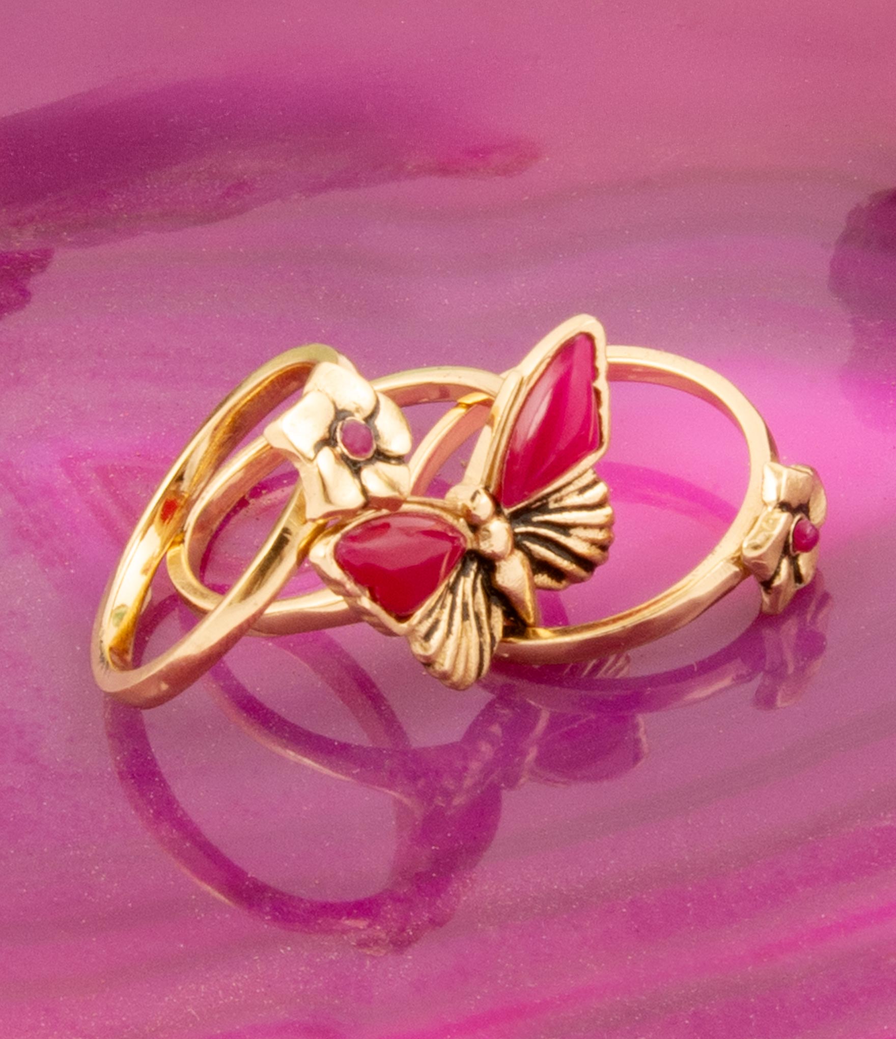 Pink Fuchsia Agate Golden Butterflies Triple Ring Set