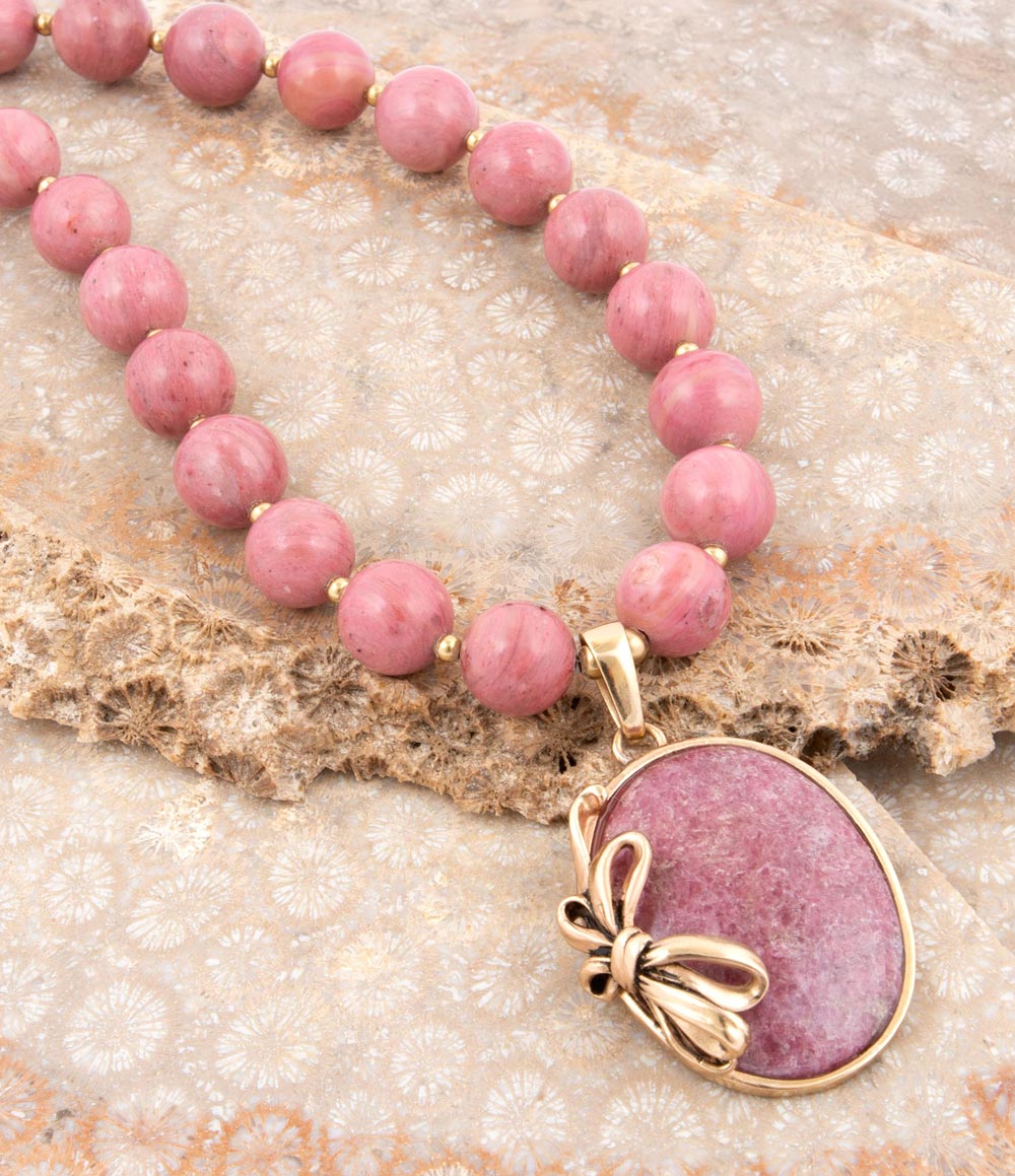 Gifted Pink Rhodonite Gold Bow Beaded Pendant Necklace