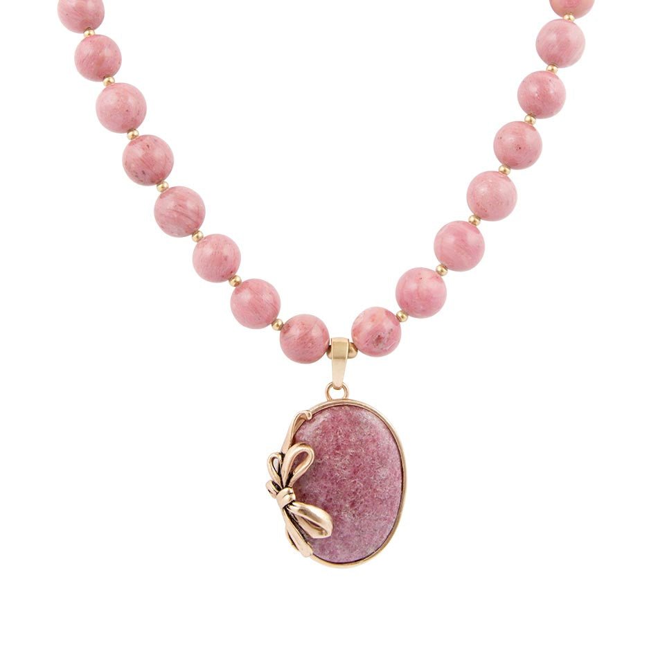 Gifted Pink Rhodonite Gold Bow Beaded Pendant Necklace