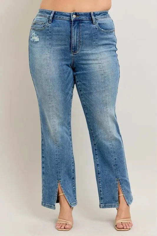 Judy Blue Full Size High Waist Vintage Wash Front Seam & Slit Straight Plus Size
