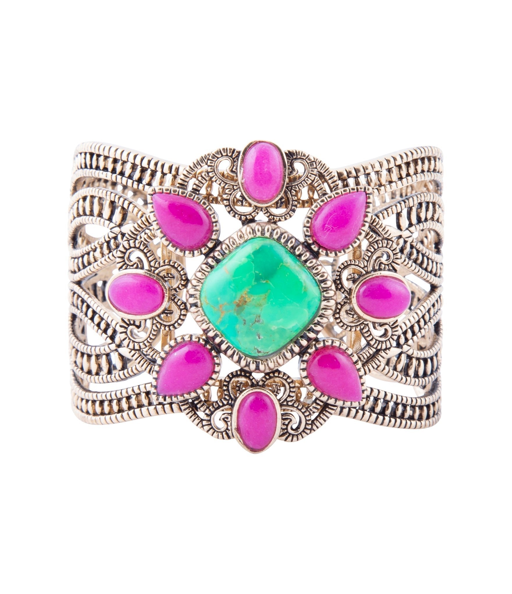 Madeira Lime and Pink Agate Statement Golden Cuff Bracelet