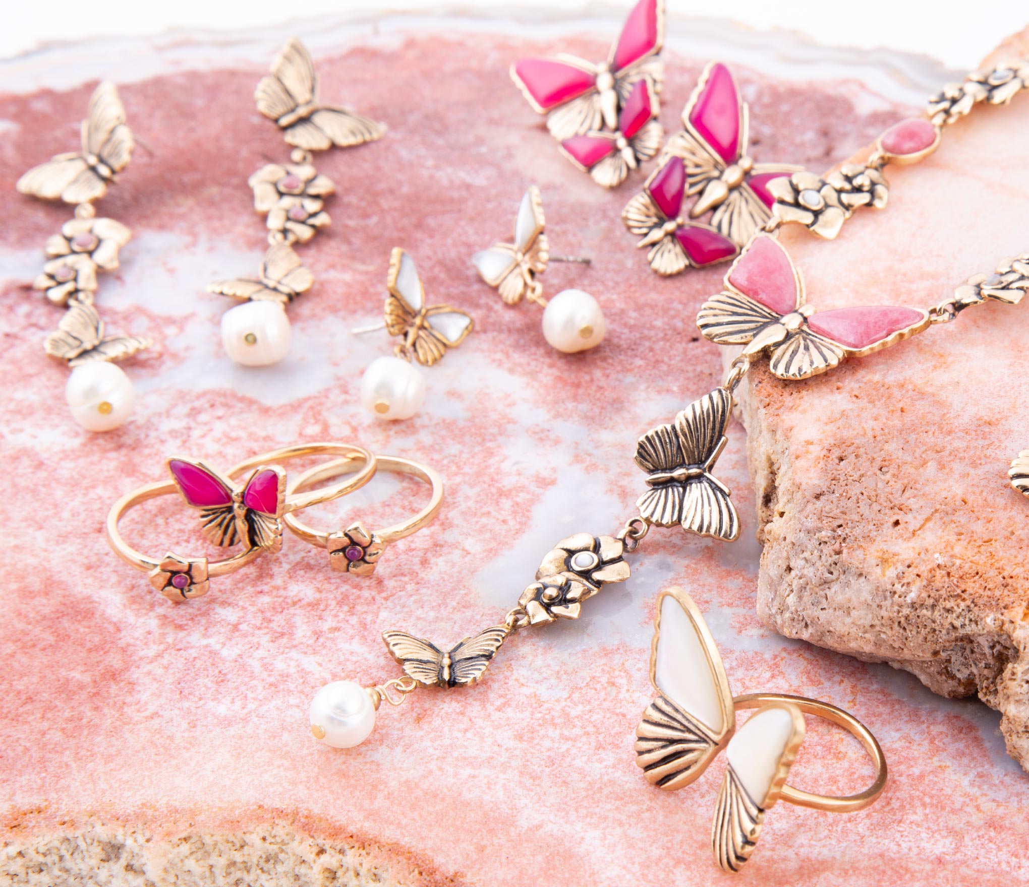 Pink Agate Golden Butterflies Post Earrings