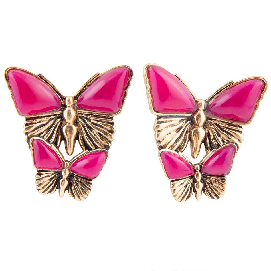 Pink Agate Golden Butterflies Post Earrings