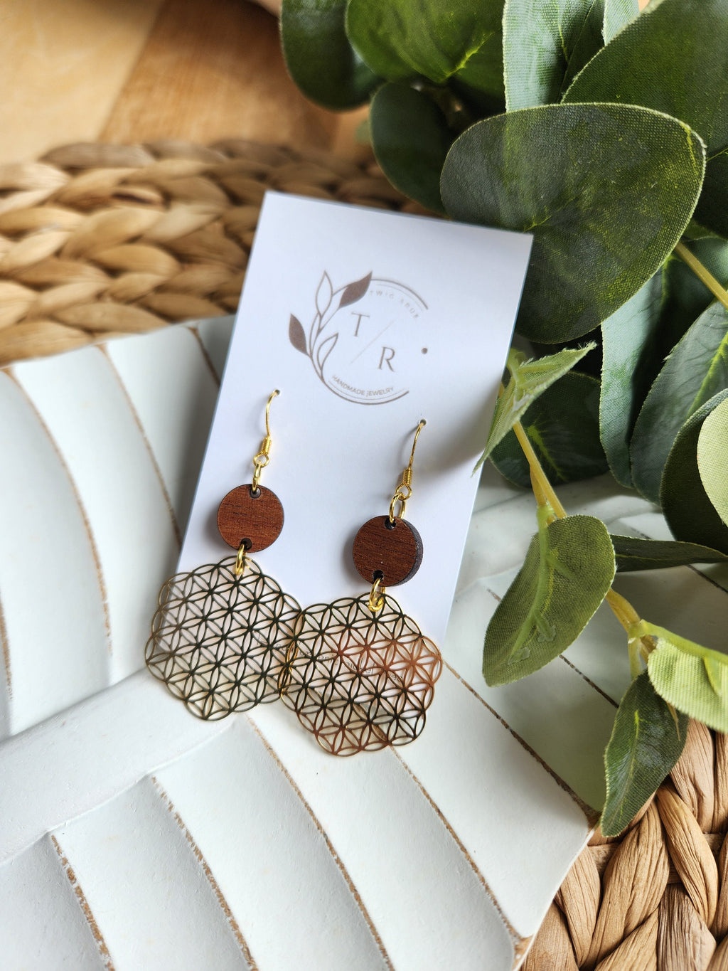 Gold and Wood Filigree Earring