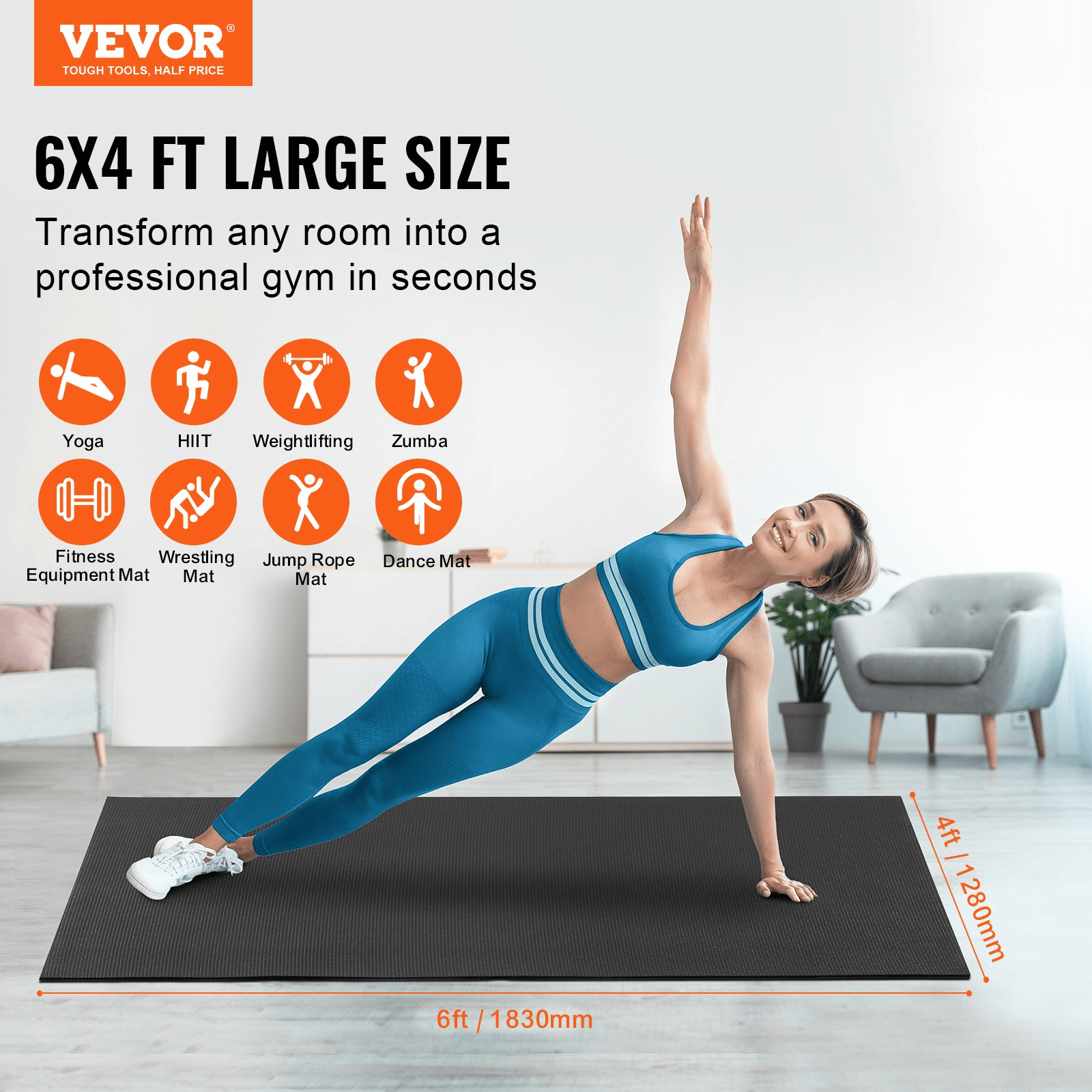 Large Yoga Mat 6x4 by VEVOR – Non‑Slip, High‑Density Fitness Floor Mat
