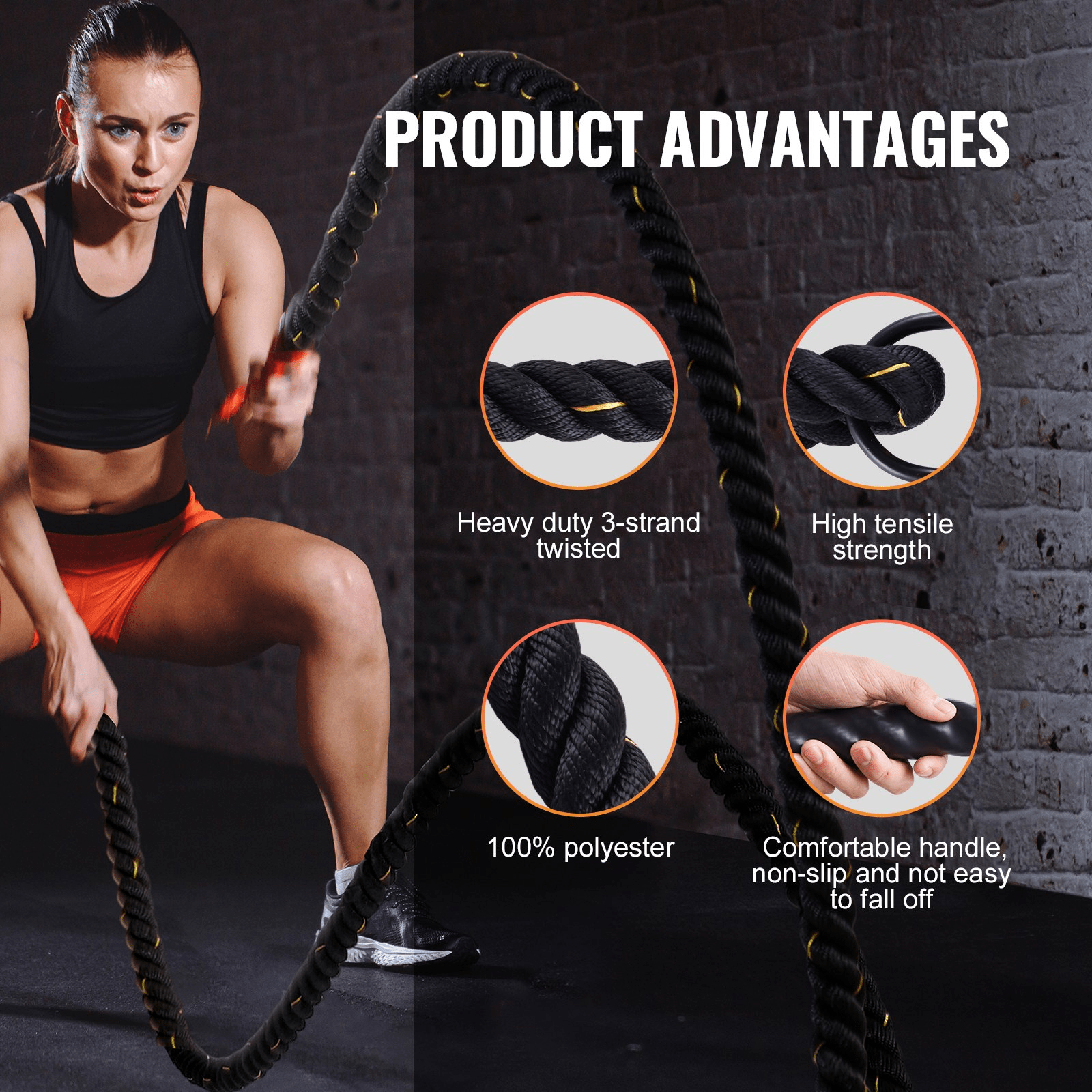 VEVOR Premium Battle Rope - 1.5" x 30ft for Home Gym & Strength Training
